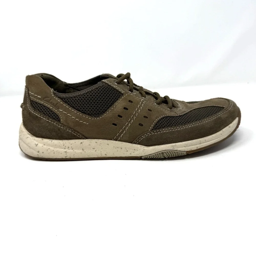 Clarks AllSton Low Size 7.5M Mens Tan Olive Leather Lace Up Casual Shoes Sneaker